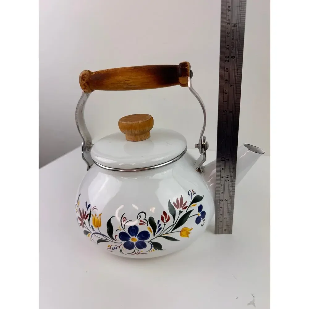 Vintage Master Cuisine Kettle White Tea Pot Floral Stainless Steel Wooden Handle